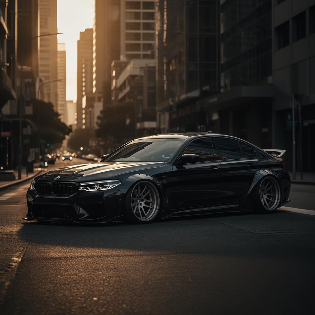 Flat black lowered BMW M5 with widebody kit and custom wheels, golden hour