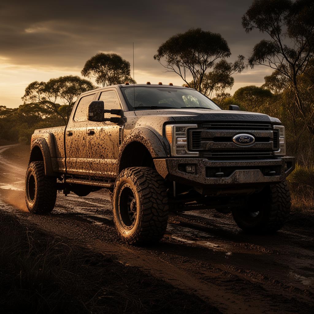 Lifted Ford F-450 with oversized mud tires on a rugged trail, golden hour